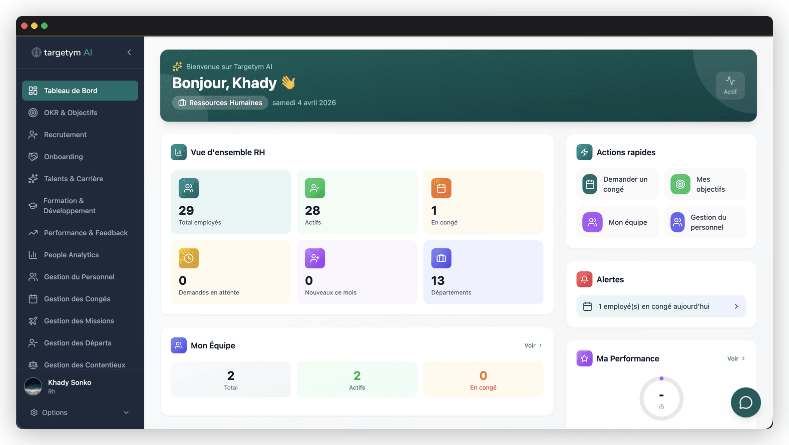 Tableau de bord Targetym AI